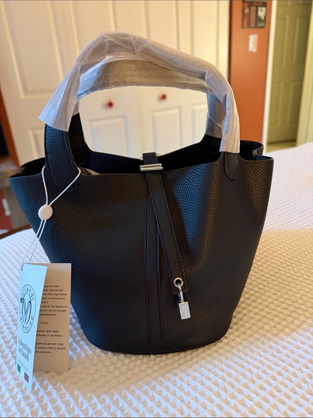 Valentino Orlandi Milano Black Women's Pebbled Tote Bag with Lock Accent